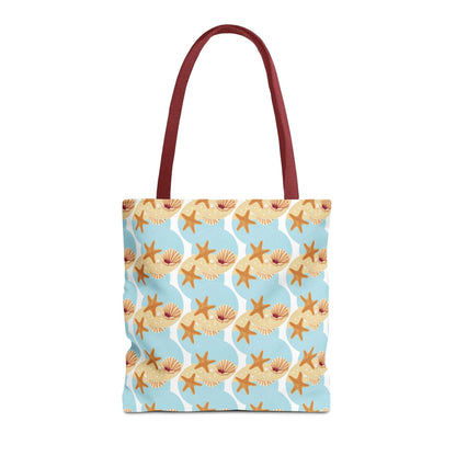 Seashell & Starfish Beach Tote Bag with coastal pattern and red handles.