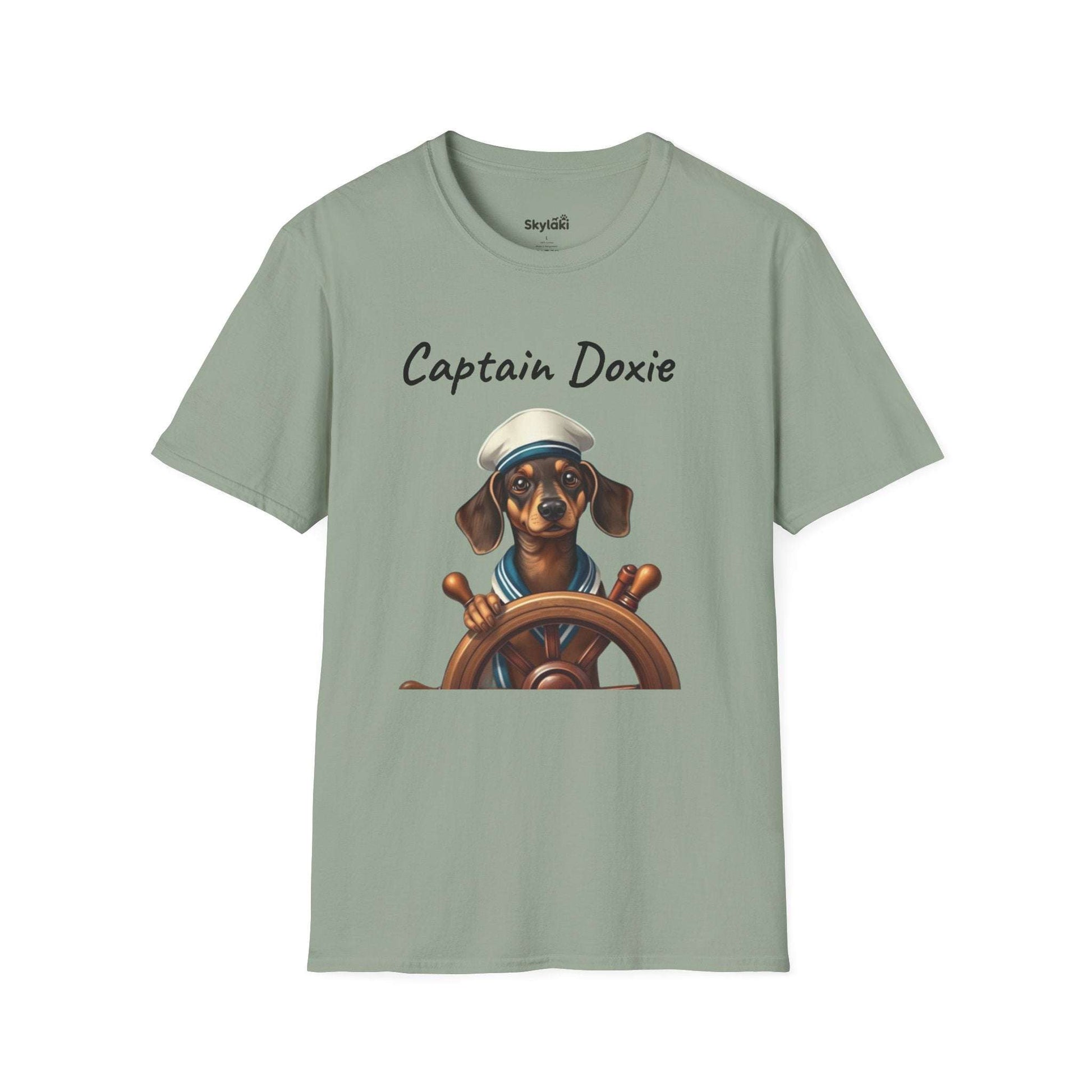 Captain Doxie Unisex Softstyle T Shirt with nautical dog design on green fabric.
