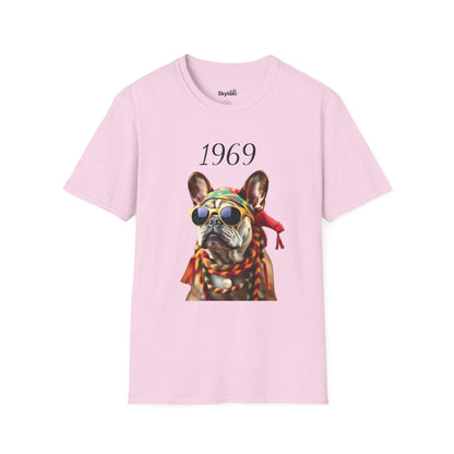  Vintage T shirt featuring a colorful 1969 retro French bulldog portrait with sunglasses on lightweight cotton tee