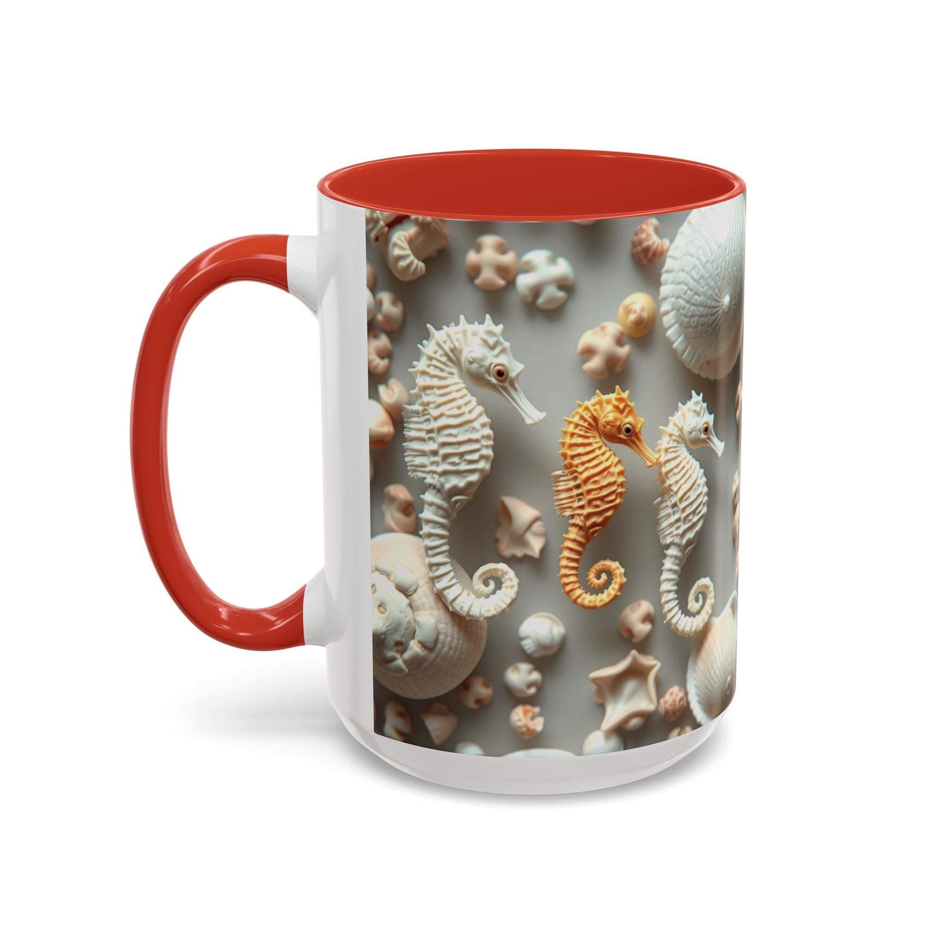 Seahorse accent coffee mug with vibrant nautical design and red handle.