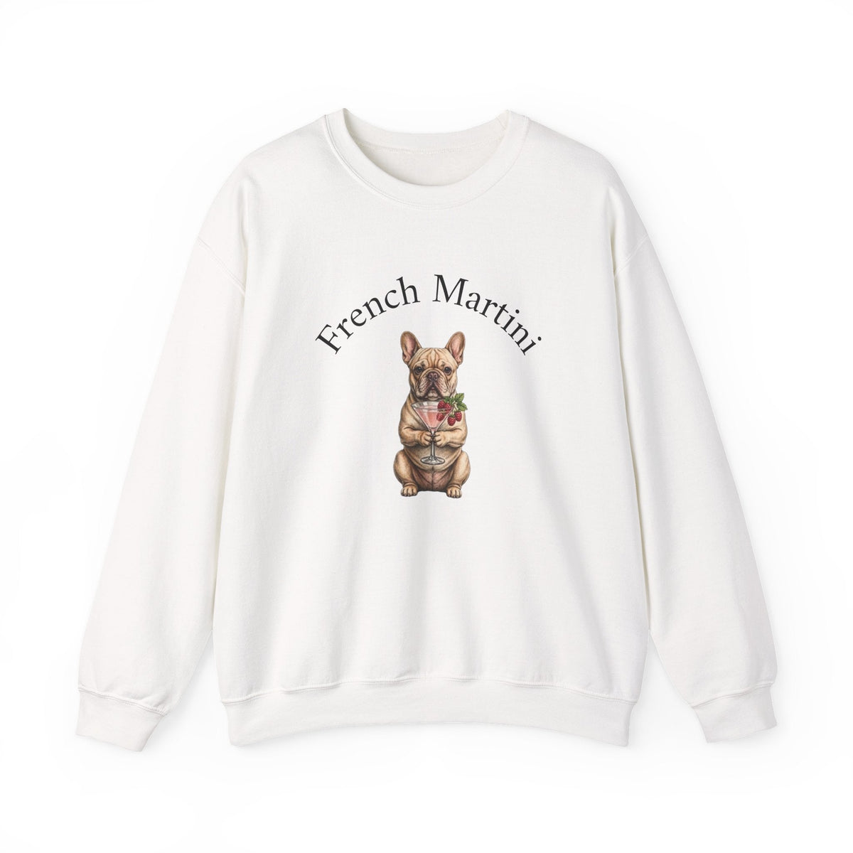 French Bulldog Martini Sweatshirt by Skylaki featuring hand-drawn black-and-white dog with martini on unisex crewneck