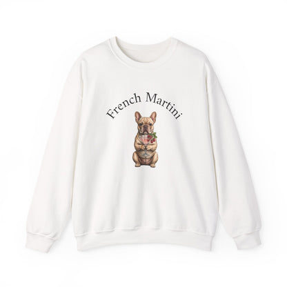 French Bulldog Martini Sweatshirt by Skylaki featuring hand-drawn black-and-white dog with martini on unisex crewneck