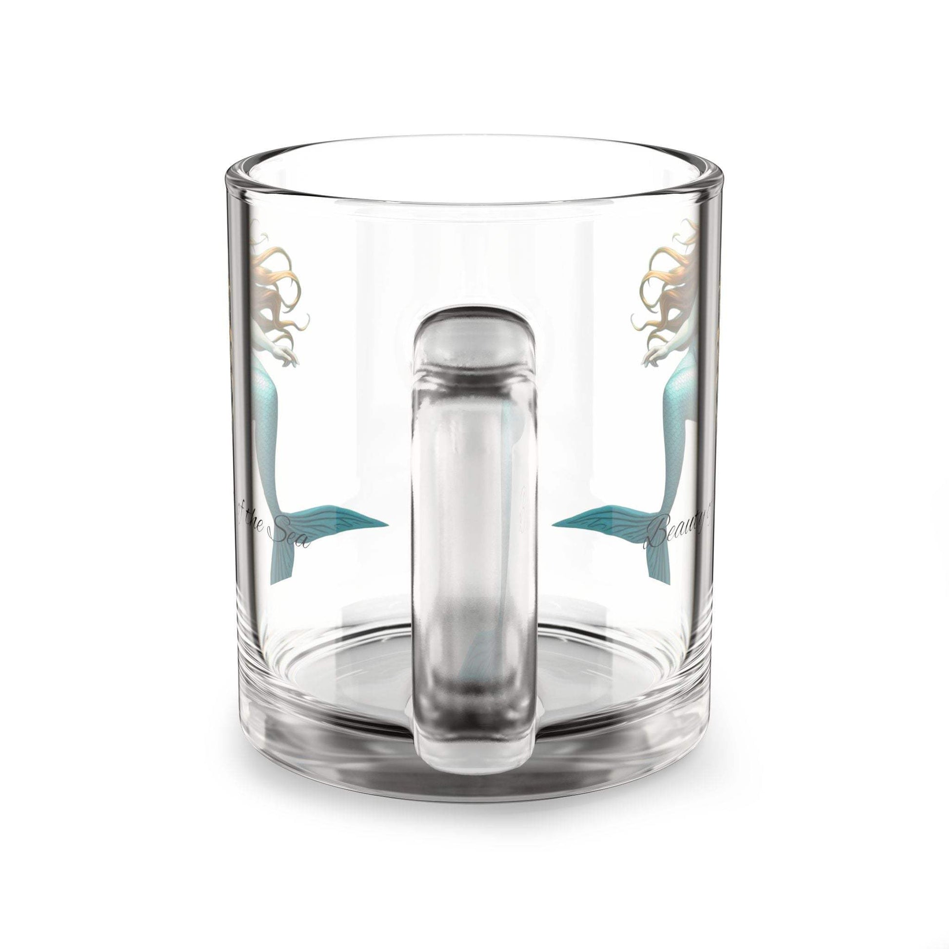 Glass mug with mermaid-themed design, 10oz, clear, ergonomic handle.