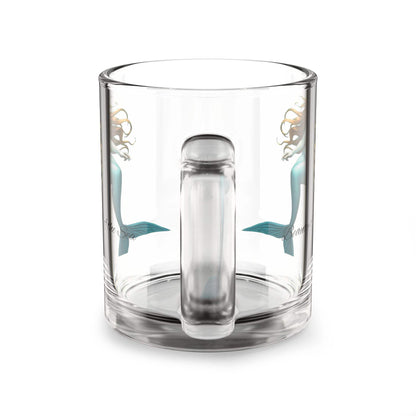 Glass mug with mermaid-themed design, 10oz, clear, ergonomic handle.