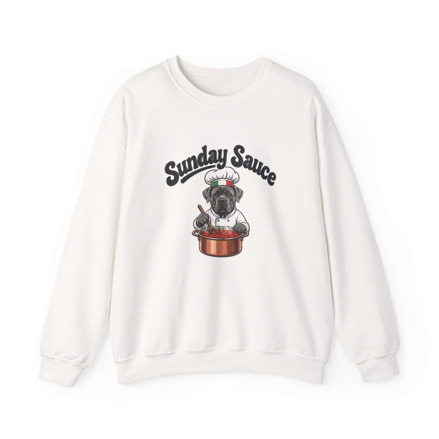 Cozy white Sunday Sauce sweatshirt featuring Italian dog chef print in skylaki brand style