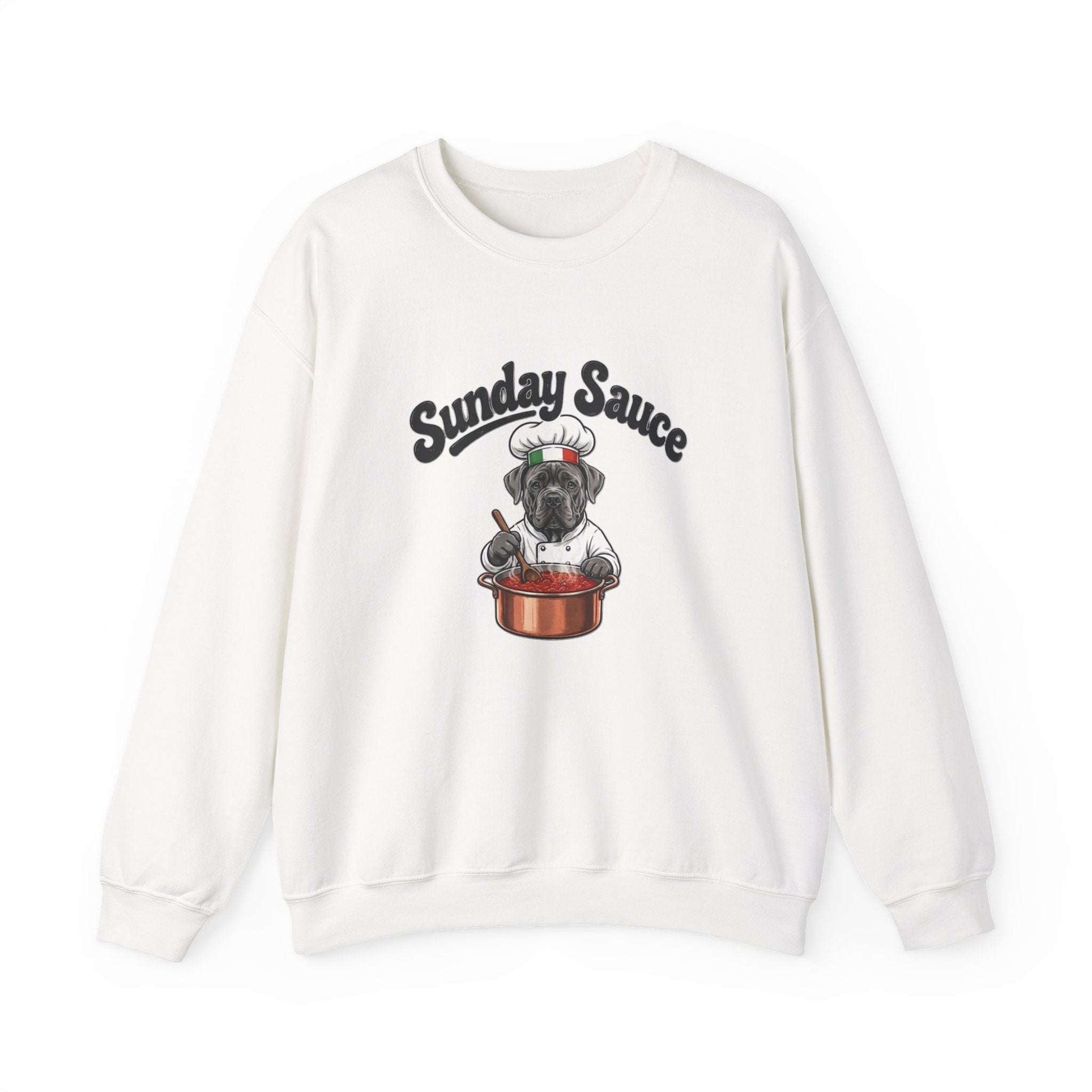 Cozy white Sunday Sauce sweatshirt featuring Italian dog chef print in skylaki brand style