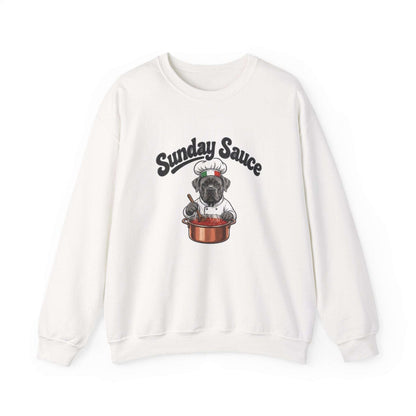 Cozy white Sunday Sauce sweatshirt featuring Italian dog chef print in skylaki brand style