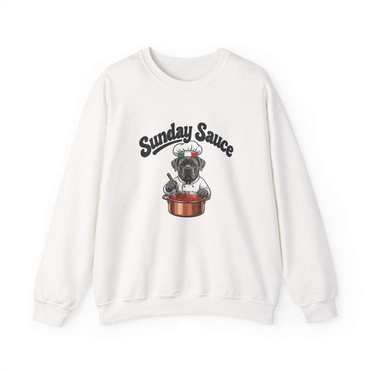 Cozy white Sunday Sauce sweatshirt featuring Italian dog chef print in skylaki brand style