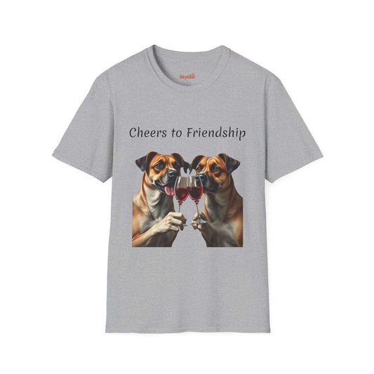 Cheers to Friendship unisex t-shirt with dog graphic and wine glasses, made from high quality ring-spun cotton.