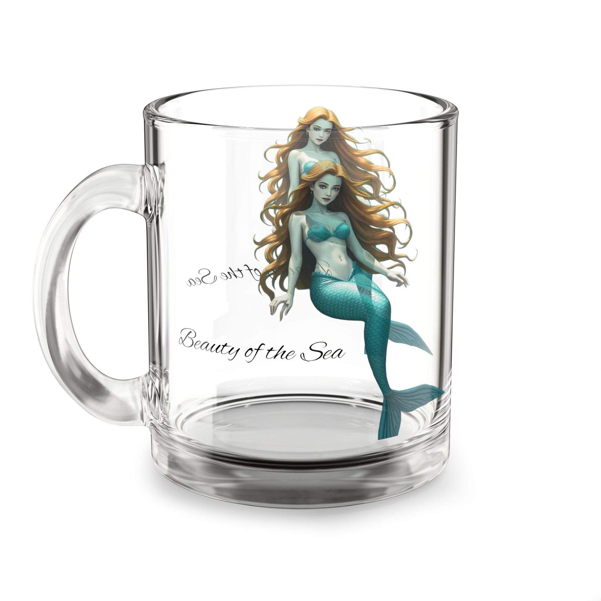 Glass mug with mermaid-themed 'Beauty of the Sea' design, 10oz, perfect for ocean lovers.