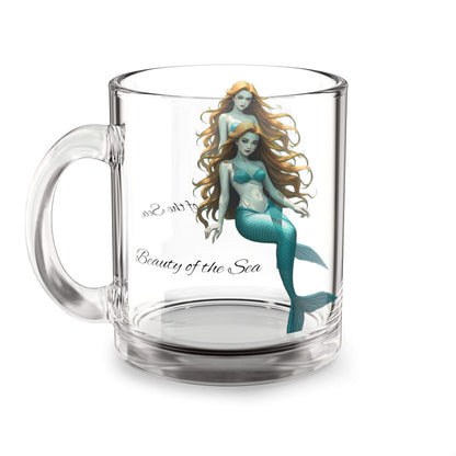 Glass mug with mermaid-themed 'Beauty of the Sea' design, 10oz, perfect for ocean lovers.
