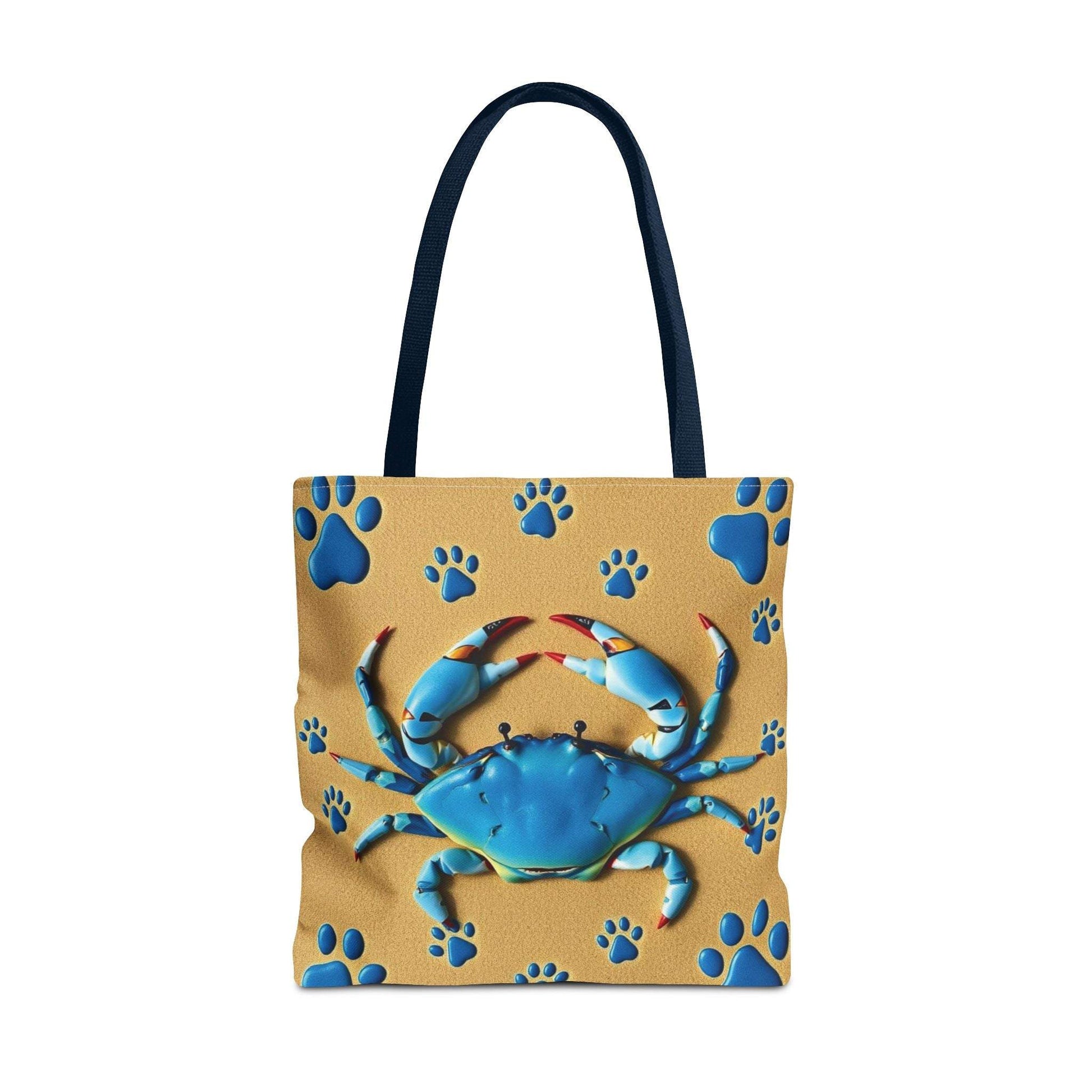 Blue crab pattern tote bag with blue handles, ideal for beach and summer use.
