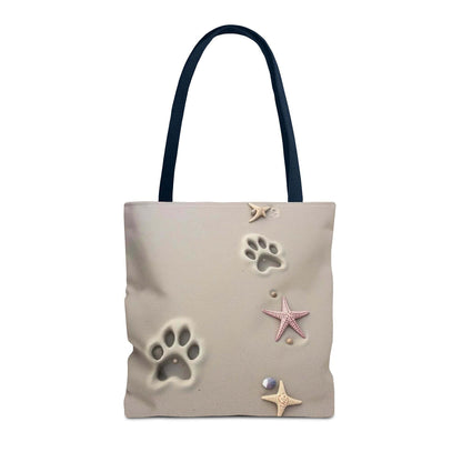 Beach tote bag with paw print and starfish design, perfect for pet lovers and beach outings.