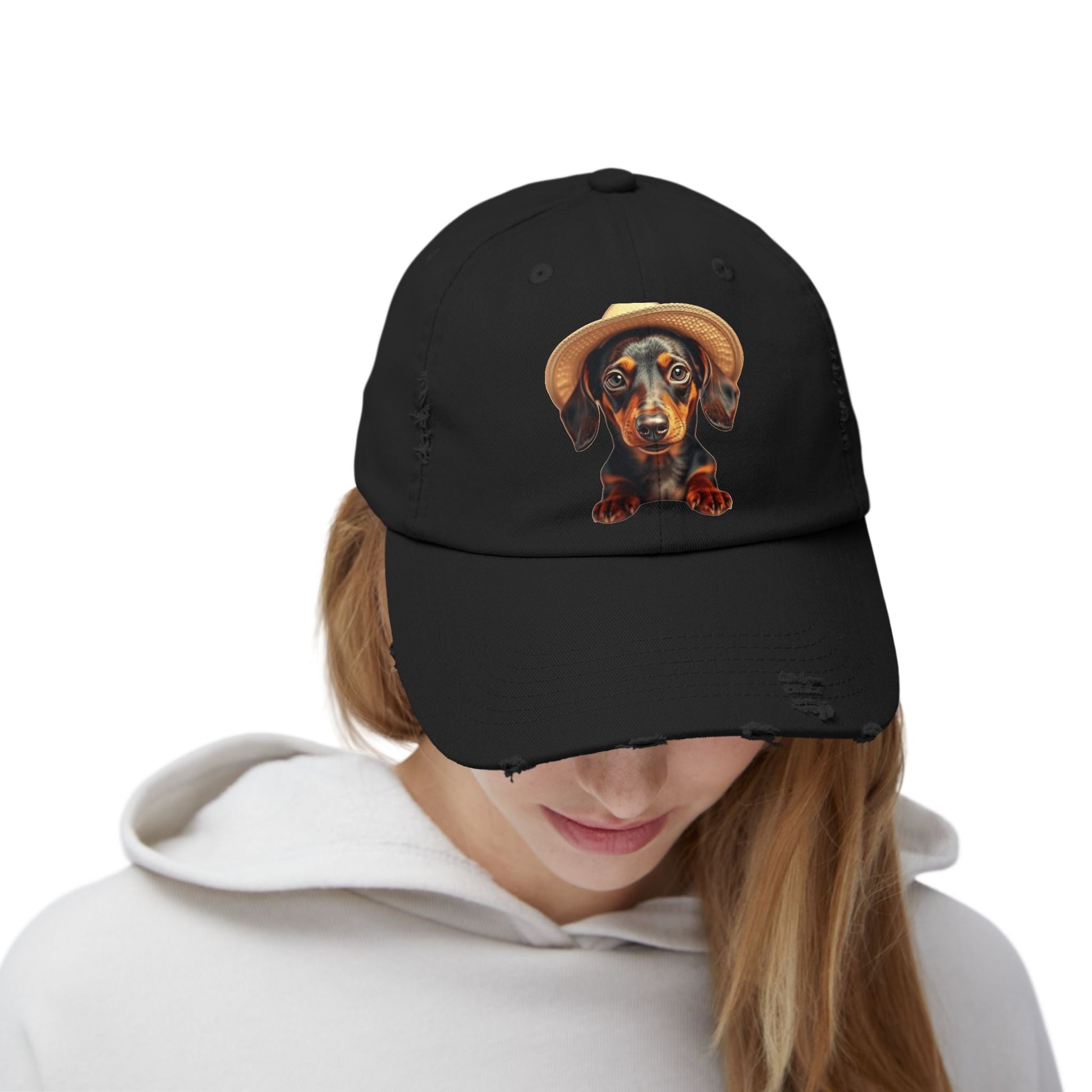 Distressed baseball cap with dachshund design for dog lovers.