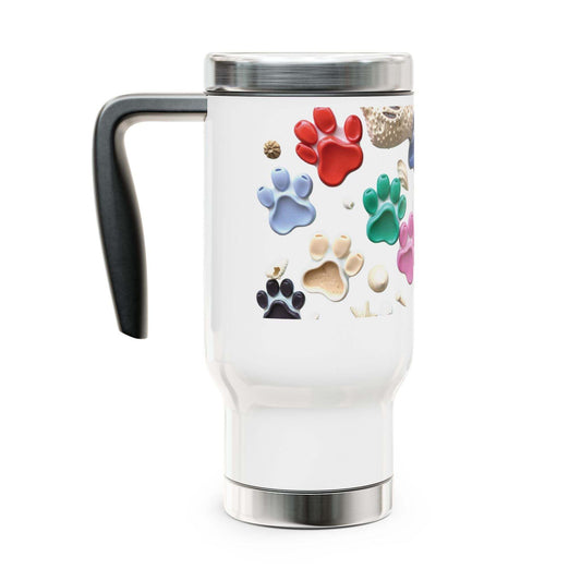 Stainless steel travel mug with handle, glossy white enamel finish, paw print design, 14oz.