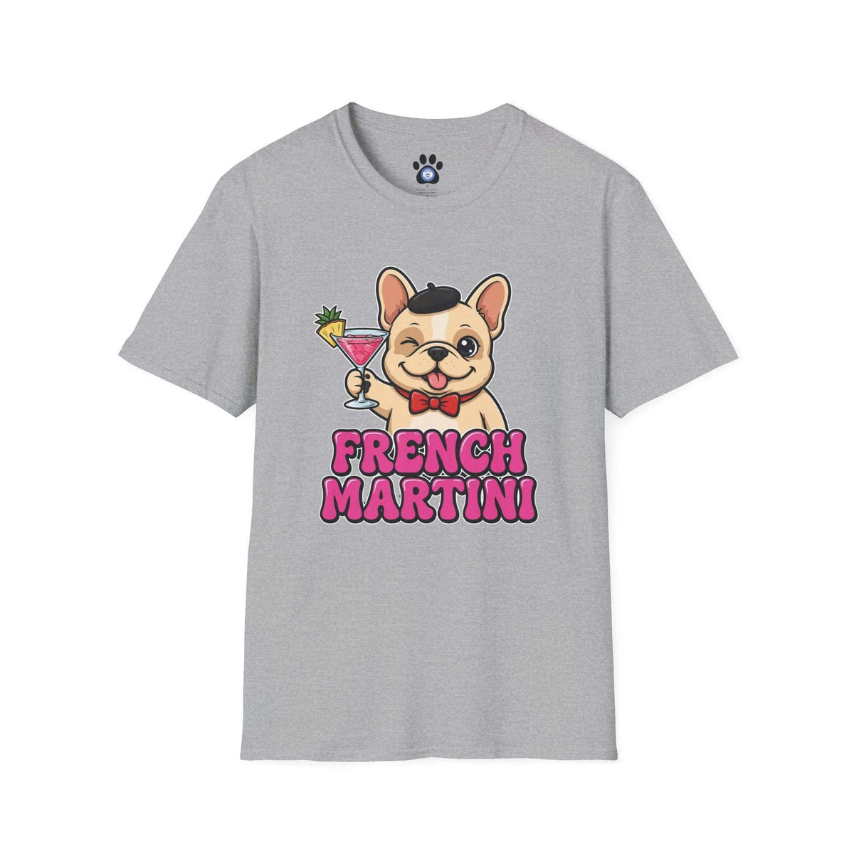 French Martini French Bulldog T-Shirt in grey cotton with colourful cartoon bulldog, martini glass and pink lettering