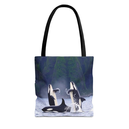 Eco-friendly everyday tote bag featuring orca whales, ideal for shopping and outdoor activities.