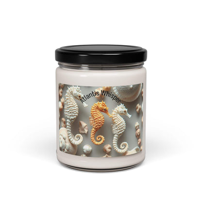 Ocean-inspired scented soy candle in reusable glass, featuring seahorse design, 9oz.