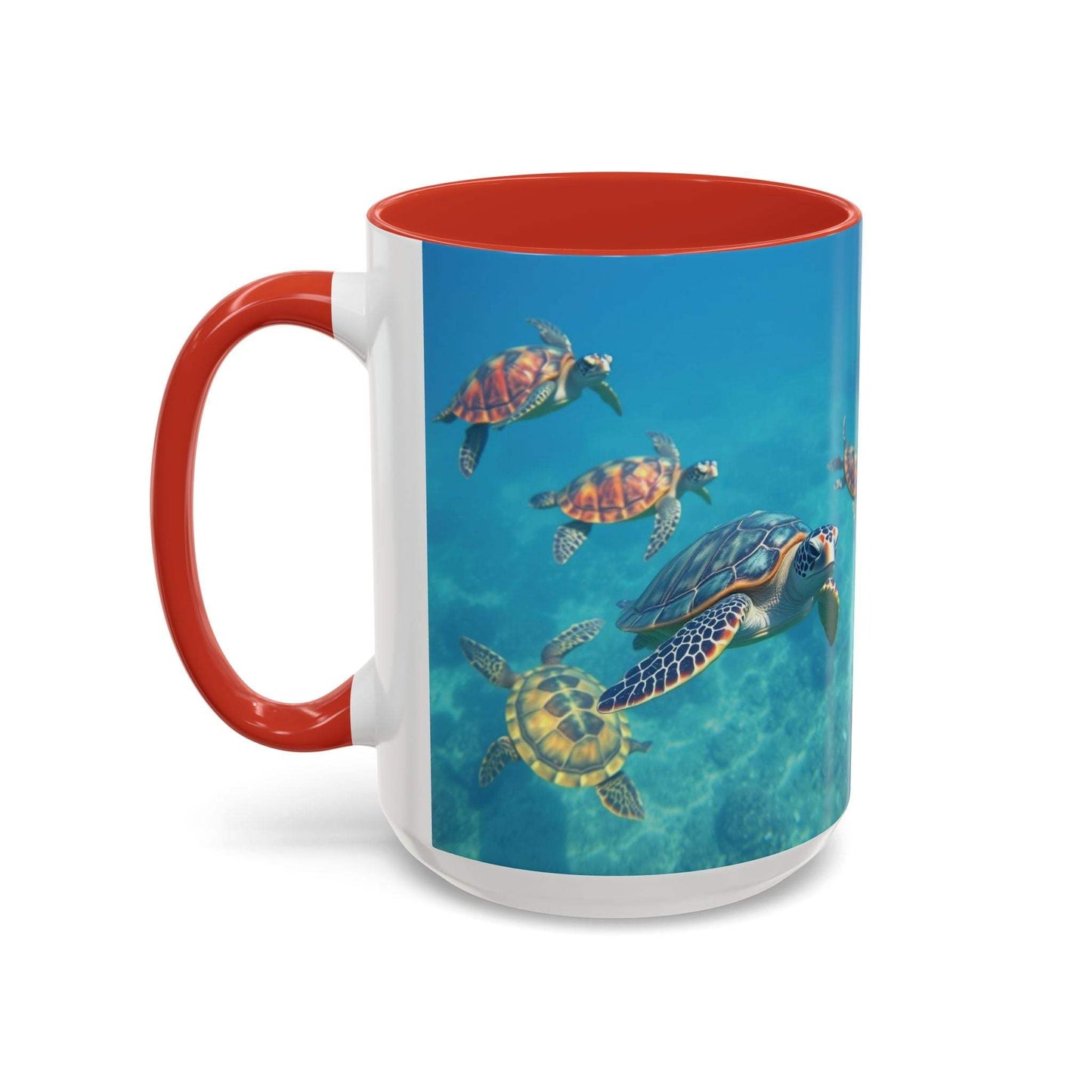 Ocean-Inspired Turtle Accent Coffee Mug in vibrant colors, available in 11oz and 15oz sizes with a glossy finish.