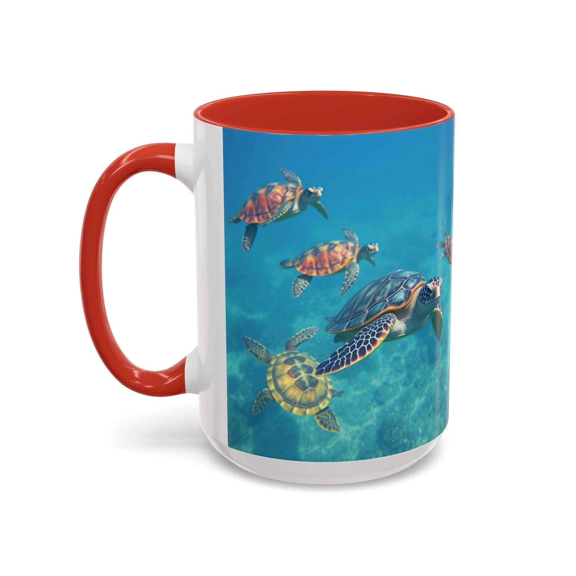 Ocean-Inspired Turtle Accent Coffee Mug in vibrant colors, available in 11oz and 15oz sizes with a glossy finish.