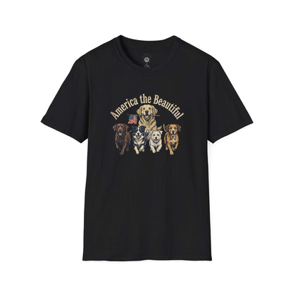 Unisex vintage America the Beautiful dog shirt by Skylaki Brand in soft 100% cotton with patriotic graphic