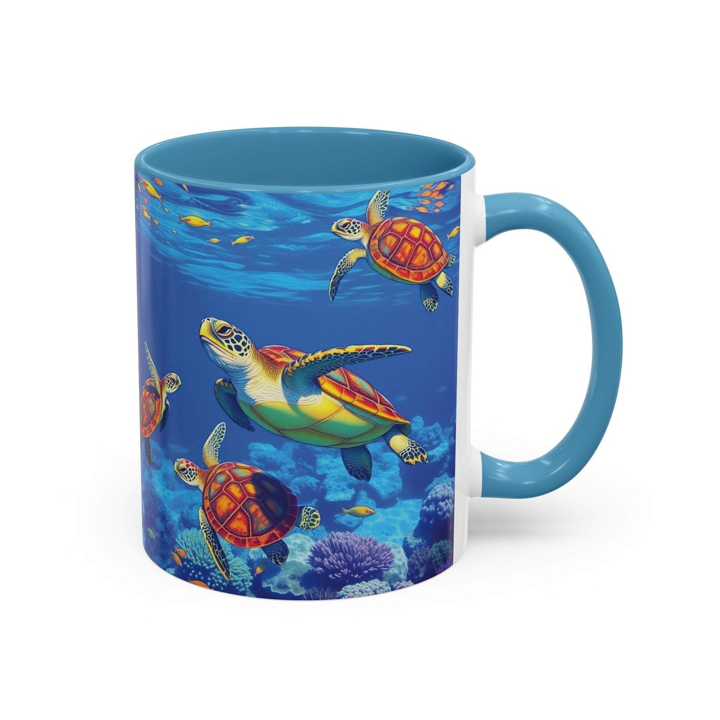 Colorful coffee mug with vibrant sea turtle design, ideal ocean decor for nature lovers.