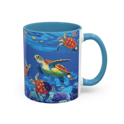 Colorful coffee mug with vibrant sea turtle design, ideal ocean decor for nature lovers.