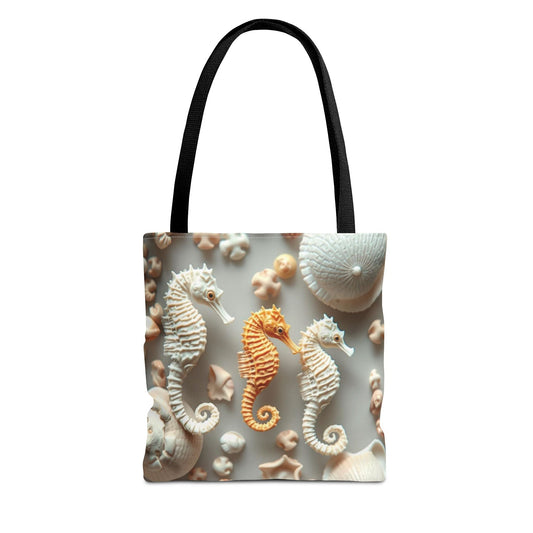 Seahorse-themed beach tote bag featuring vibrant design and durable polyester.