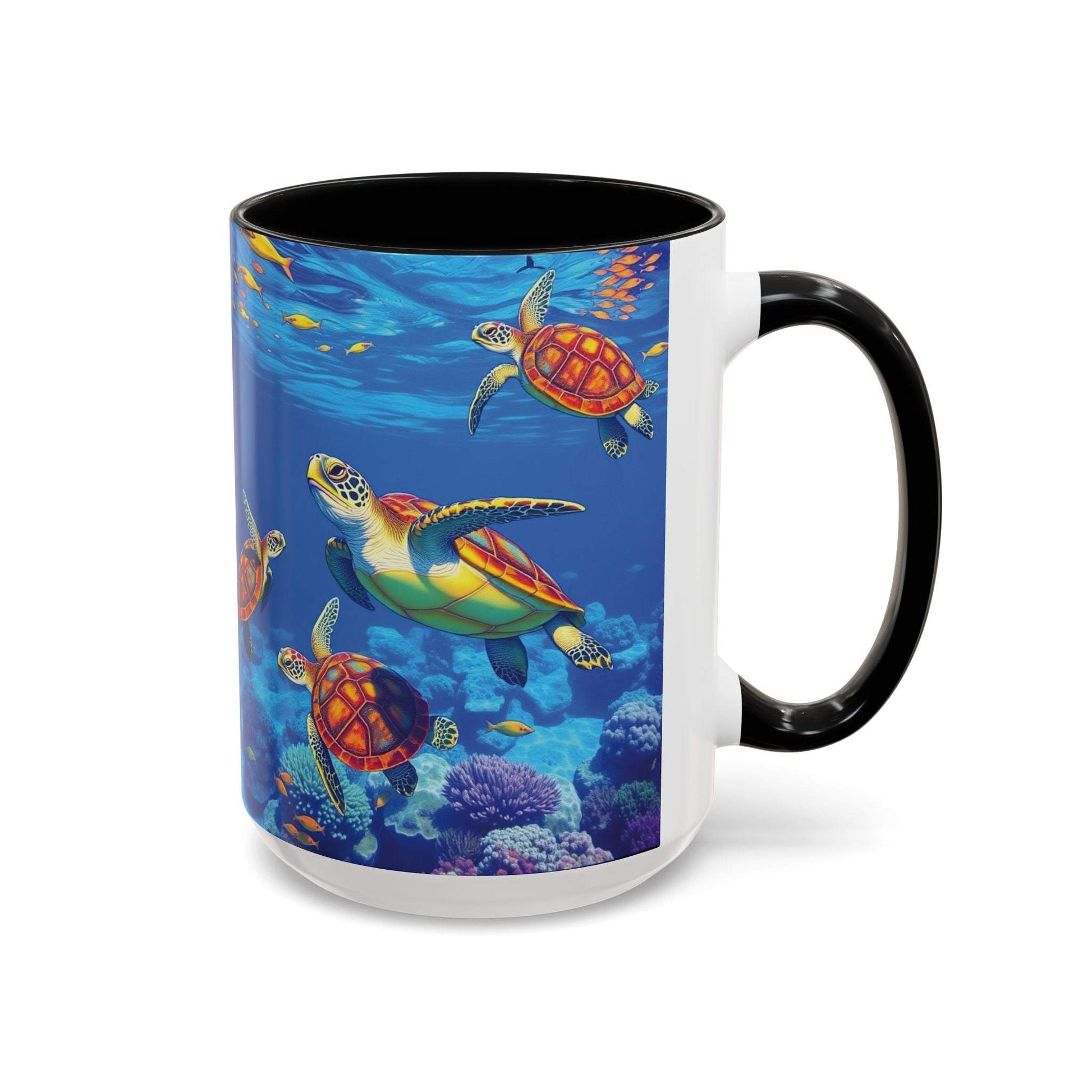 Colorful coffee mug colorful with sea turtle design, ocean decor for nature lovers.