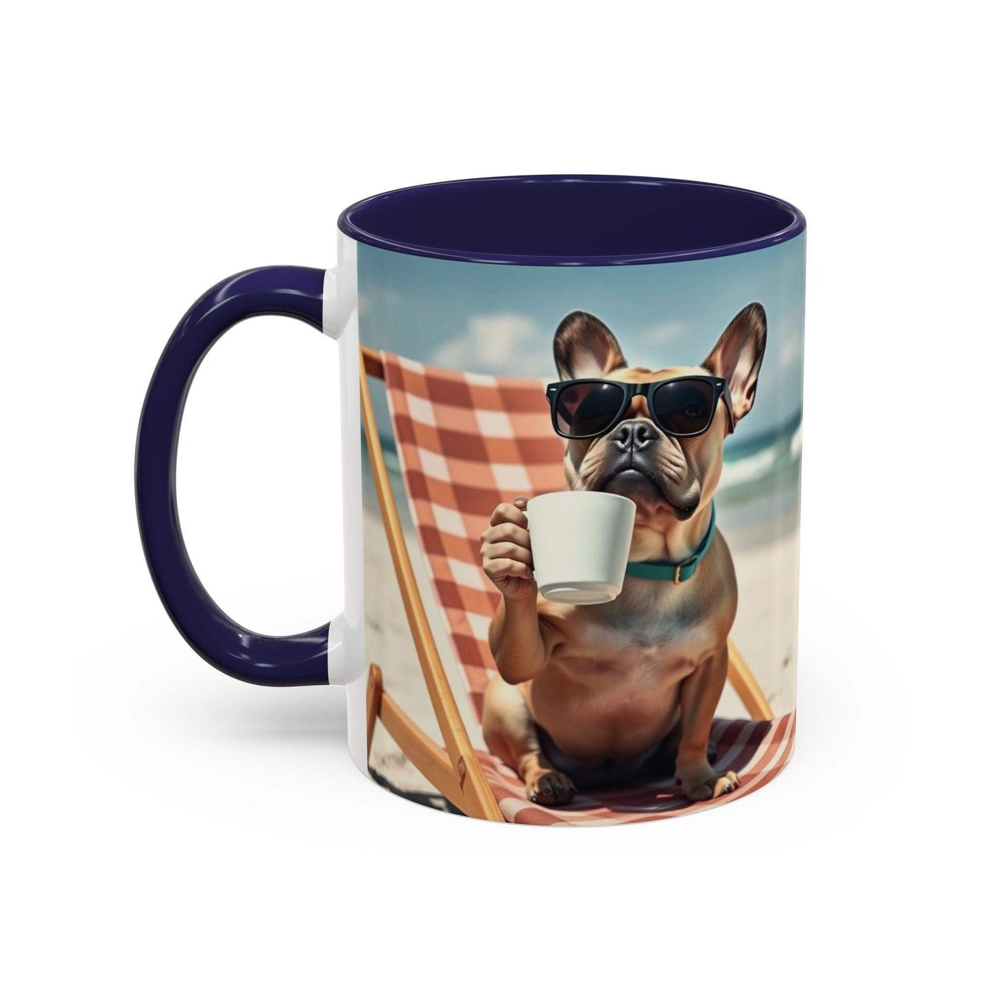 Beach Dog Accent Coffee Mug with dog design on beach chair, perfect for pet lovers.