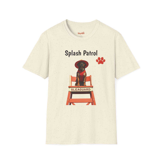Beach themed shirt with lifeguard dog graphic, "Splash Patrol" design. Unisex, soft fabric.