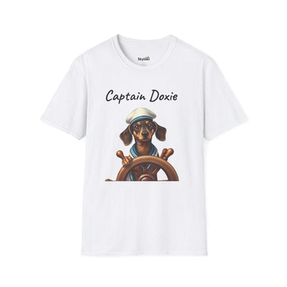 Captain Doxie Unisex Softstyle T Shirt with Nautical Dog Design.