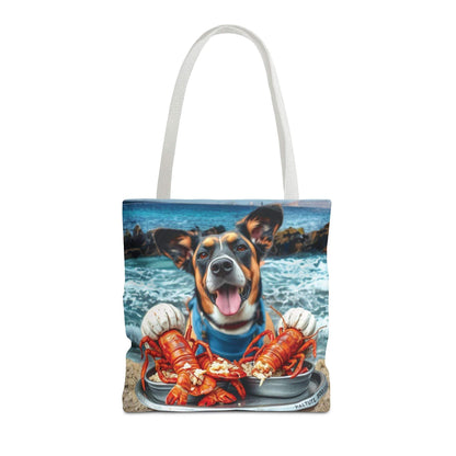 Happy Dog Lobster Tote Bag with playful beach design for pet lovers.