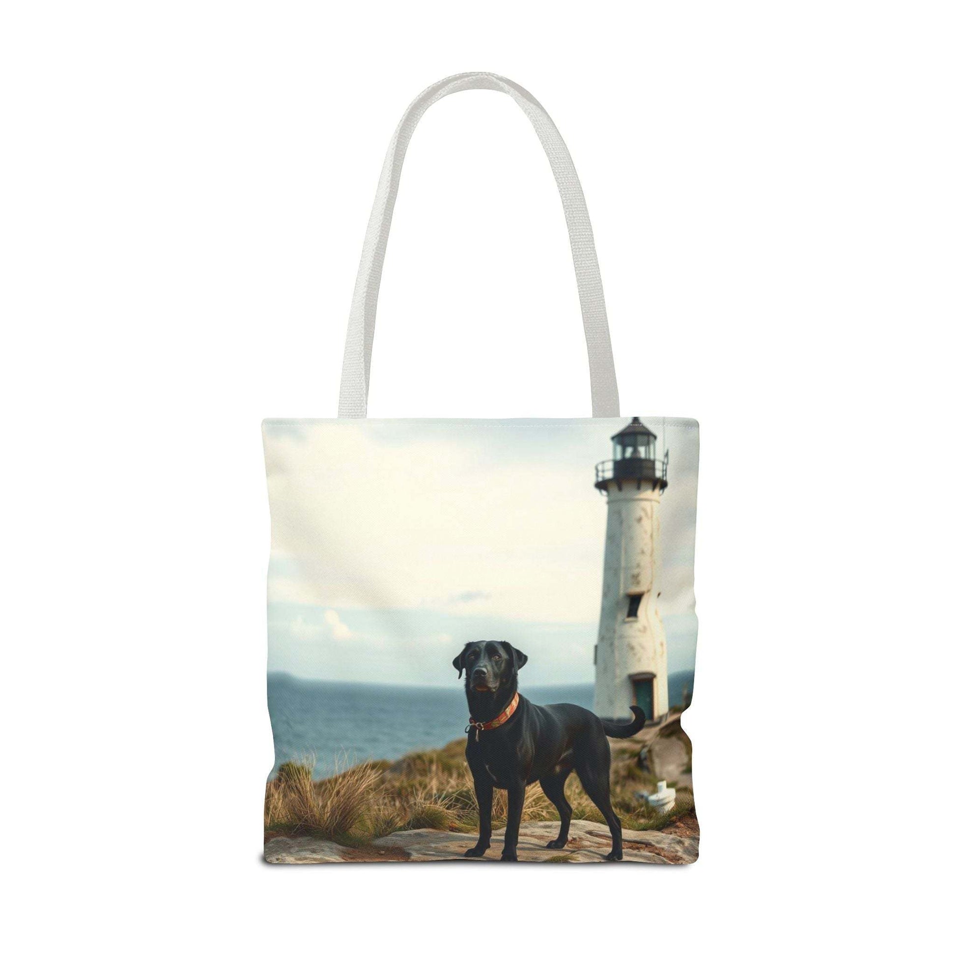 Coastal Canine Tote Bag with lighthouse and dog design, ideal for dog lovers and beach days.