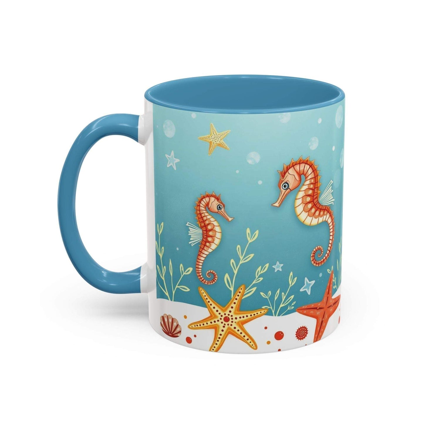 Ocean-themed accent coffee mug with seahorses and starfish design.