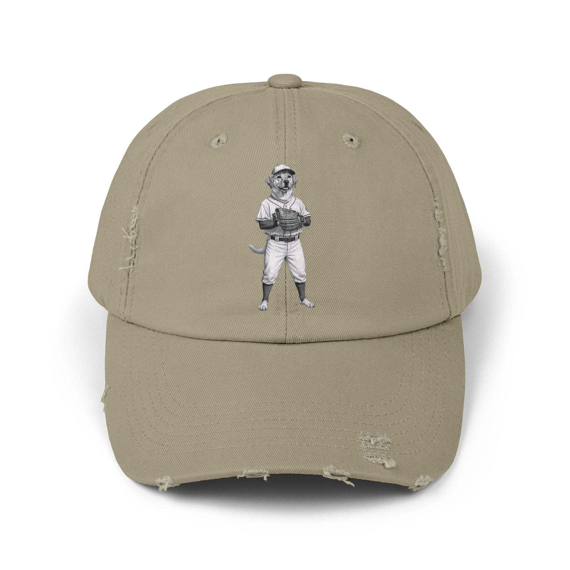 Distressed Baseball Cap with Vintage Baseball Dog Graphic