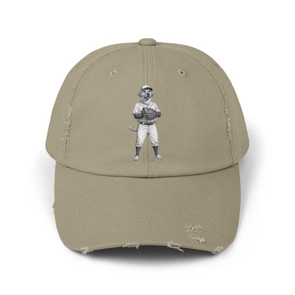Distressed Baseball Cap with Vintage Baseball Dog Graphic