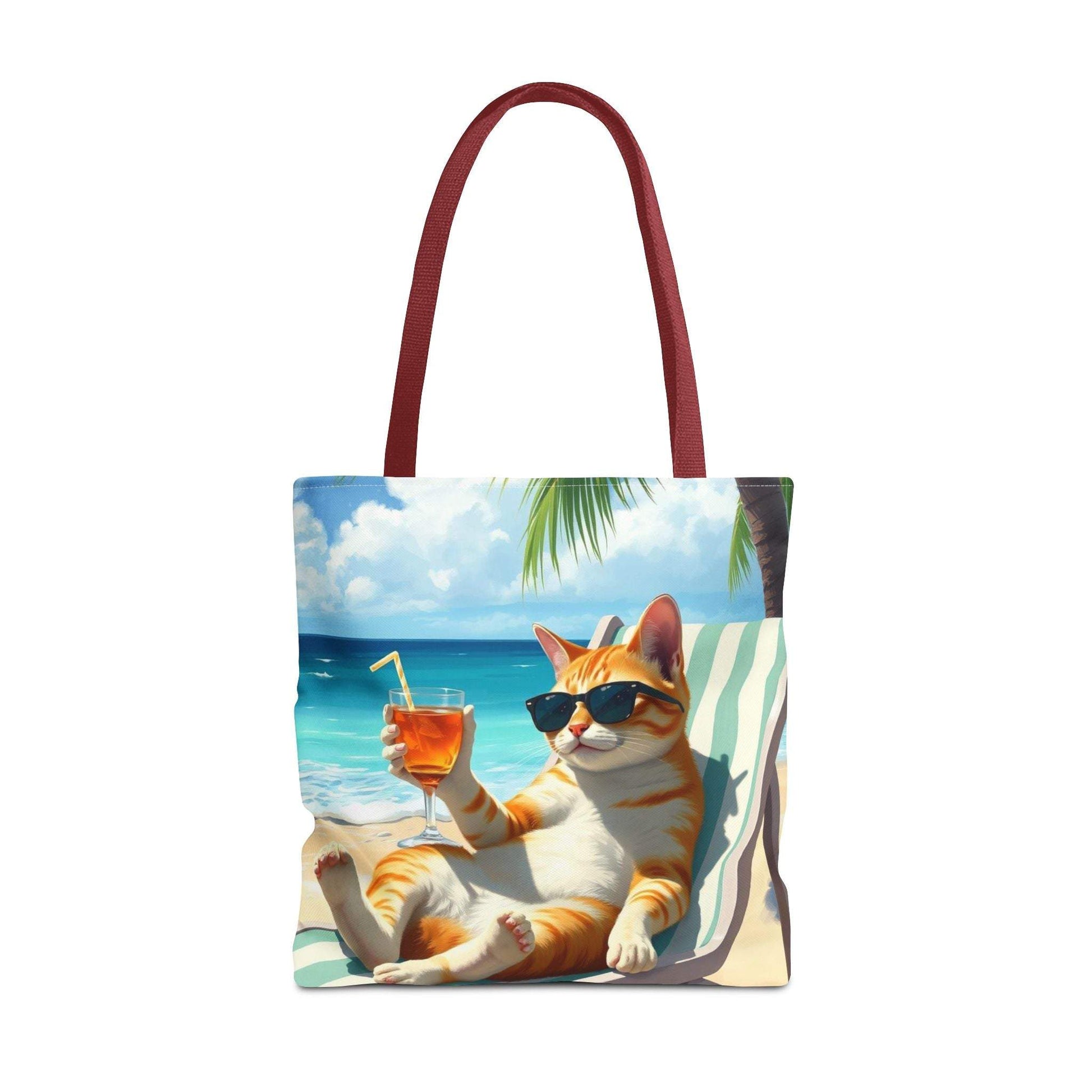 Cat tote bag with a relaxed cat design, perfect for summer adventures and beach days.