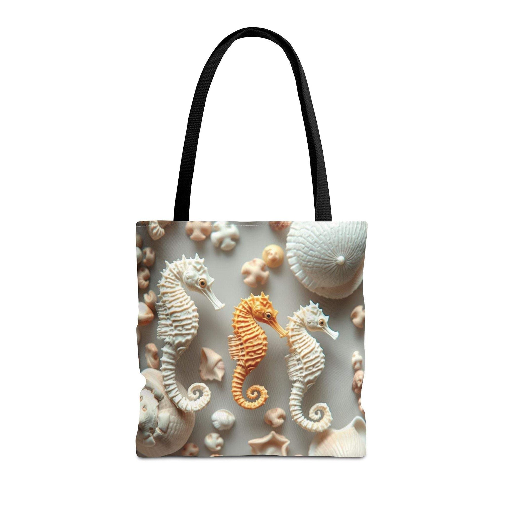 Seahorse-themed beach tote bag with artistic seahorse design on soft background, featuring durable polyester material.
