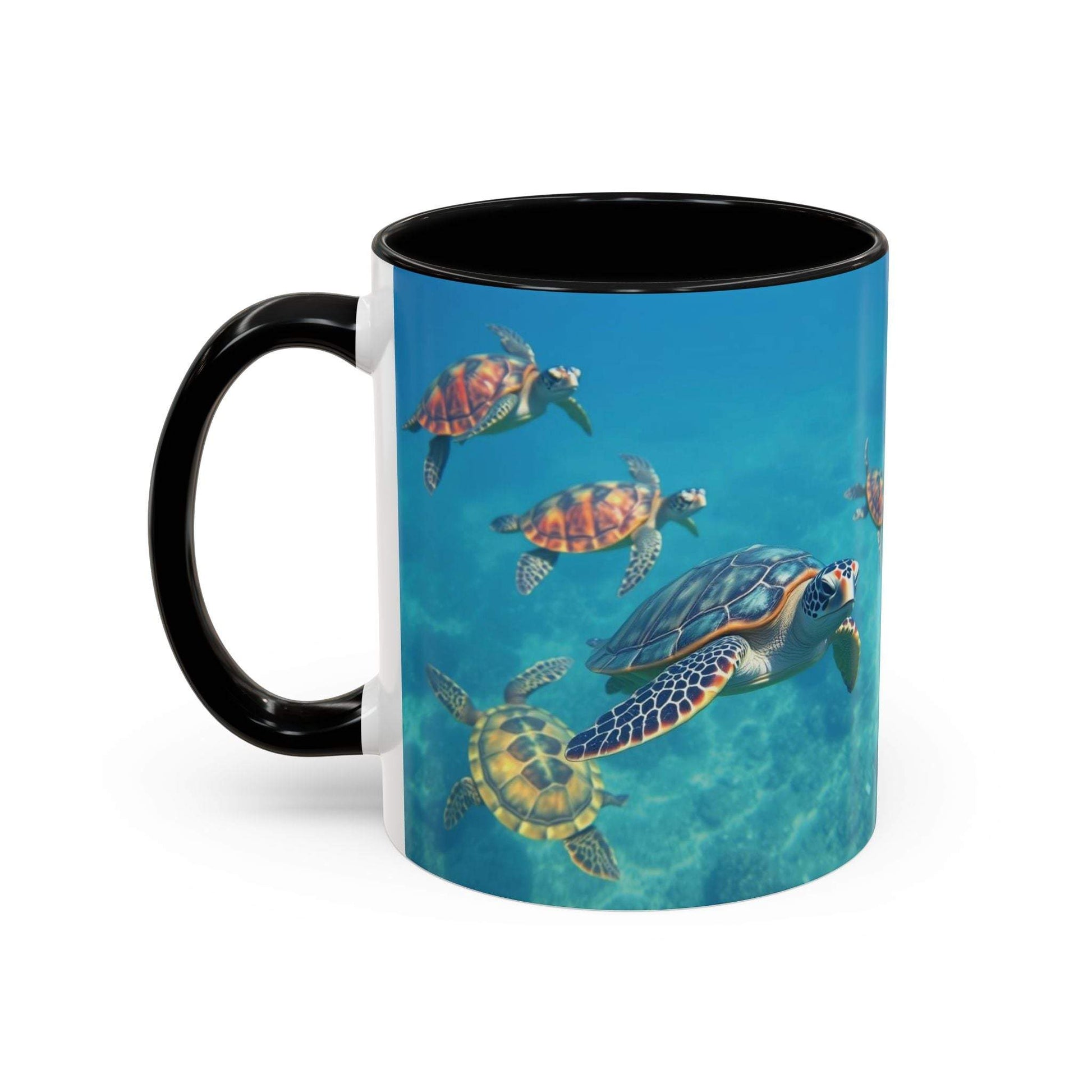 Ocean-Inspired Turtle Accent Coffee Mug with vibrant turtle design, available in 11oz and 15oz sizes.