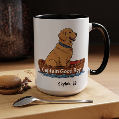 Captain Good Boy Dog Boat Mug with golden retriever illustration and black handle