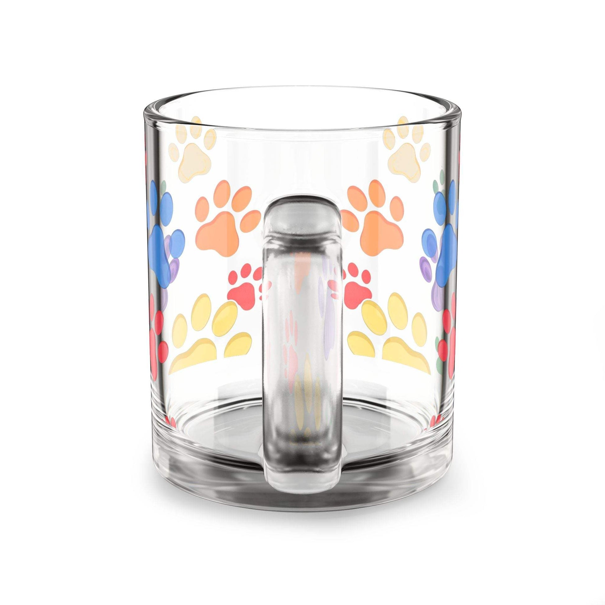 Paw Print Glass Mug, 10oz, colorful design for pet lovers.