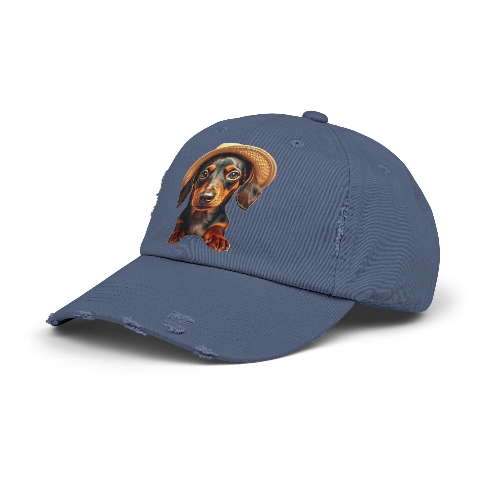 distressed baseball cap with dachshund design, vintage style hat for dog lovers