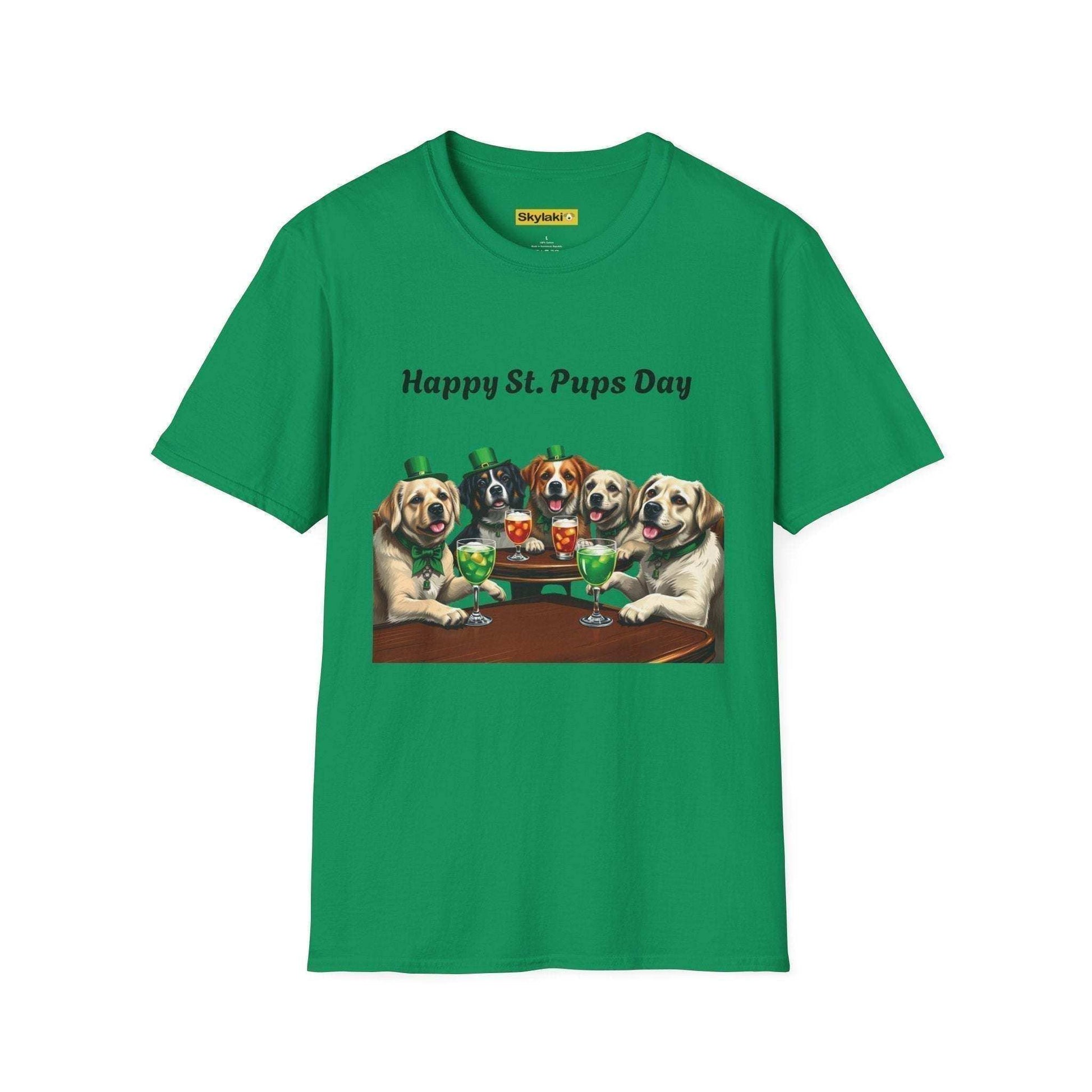 Unisex St. Patrick's Day T-shirt with playful dog design, soft green fabric.