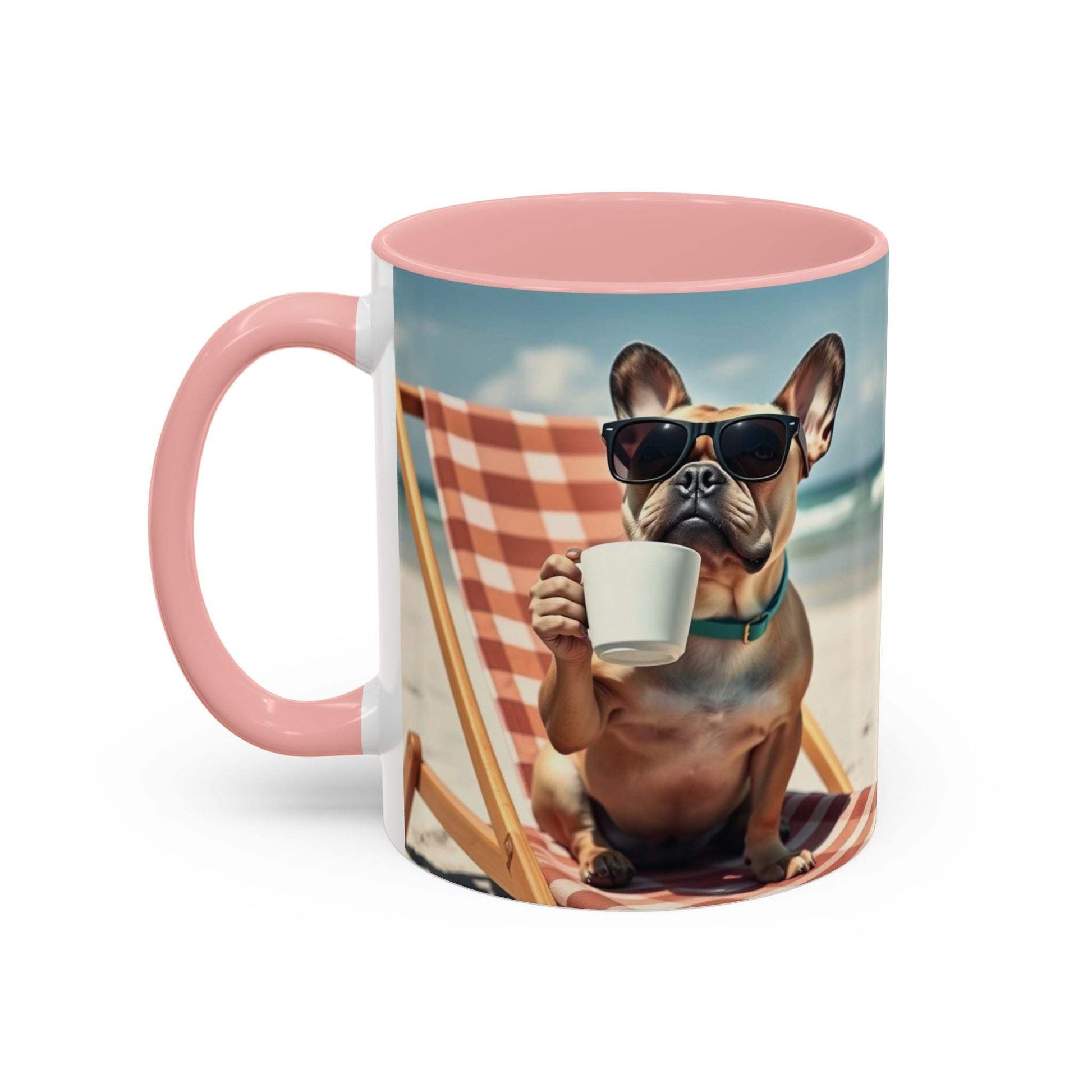 Beach Dog Accent Coffee Mug featuring a dog on a beach with sunglasses and a coffee, perfect for pet lovers and summer.