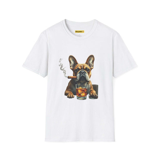 Unisex Soft Style T shirt with fun bulldog graphic holding cigar and drink.