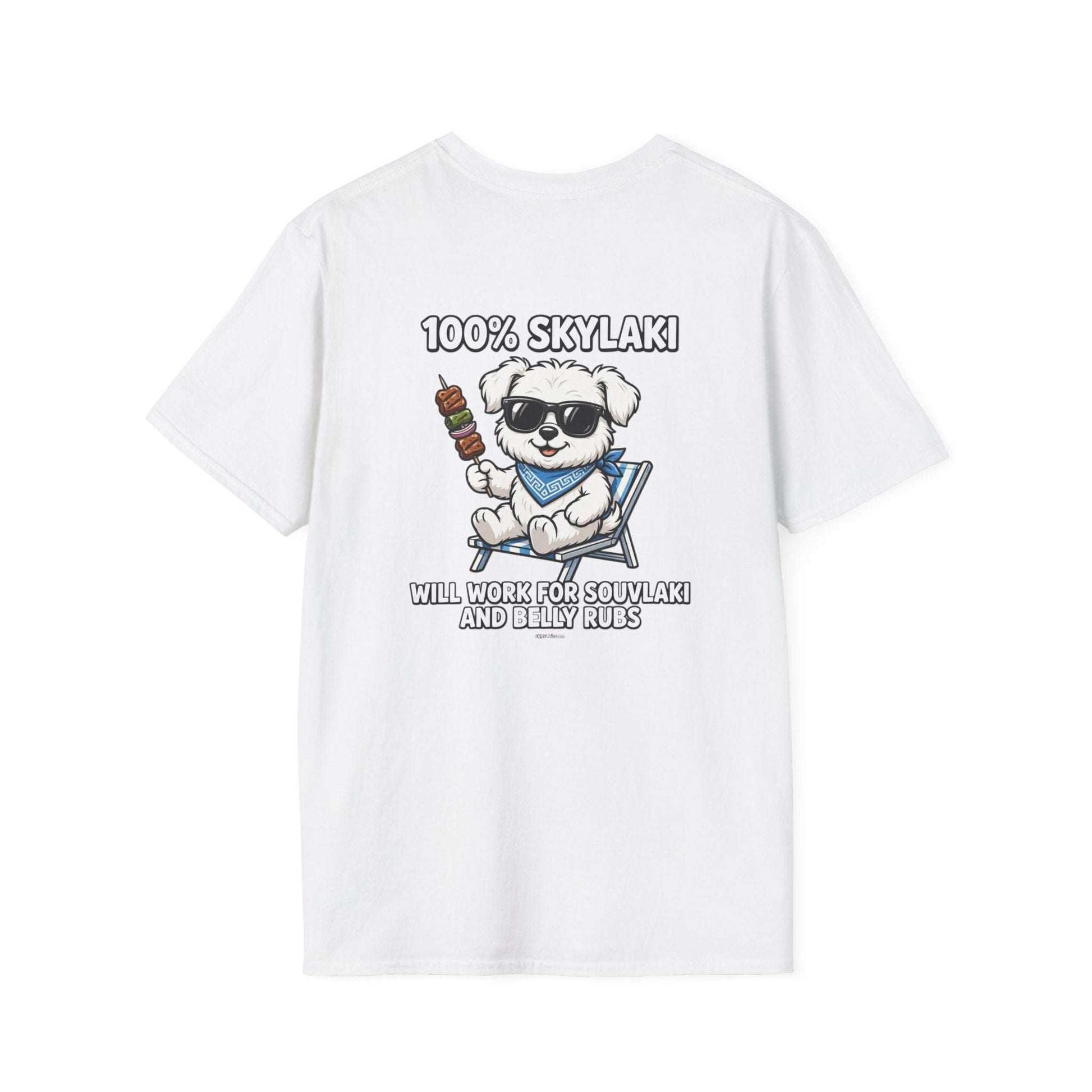 Unisex 100% cotton Will Work for Souvlaki Dog Shirt with paw print emblem and Greek-inspired design