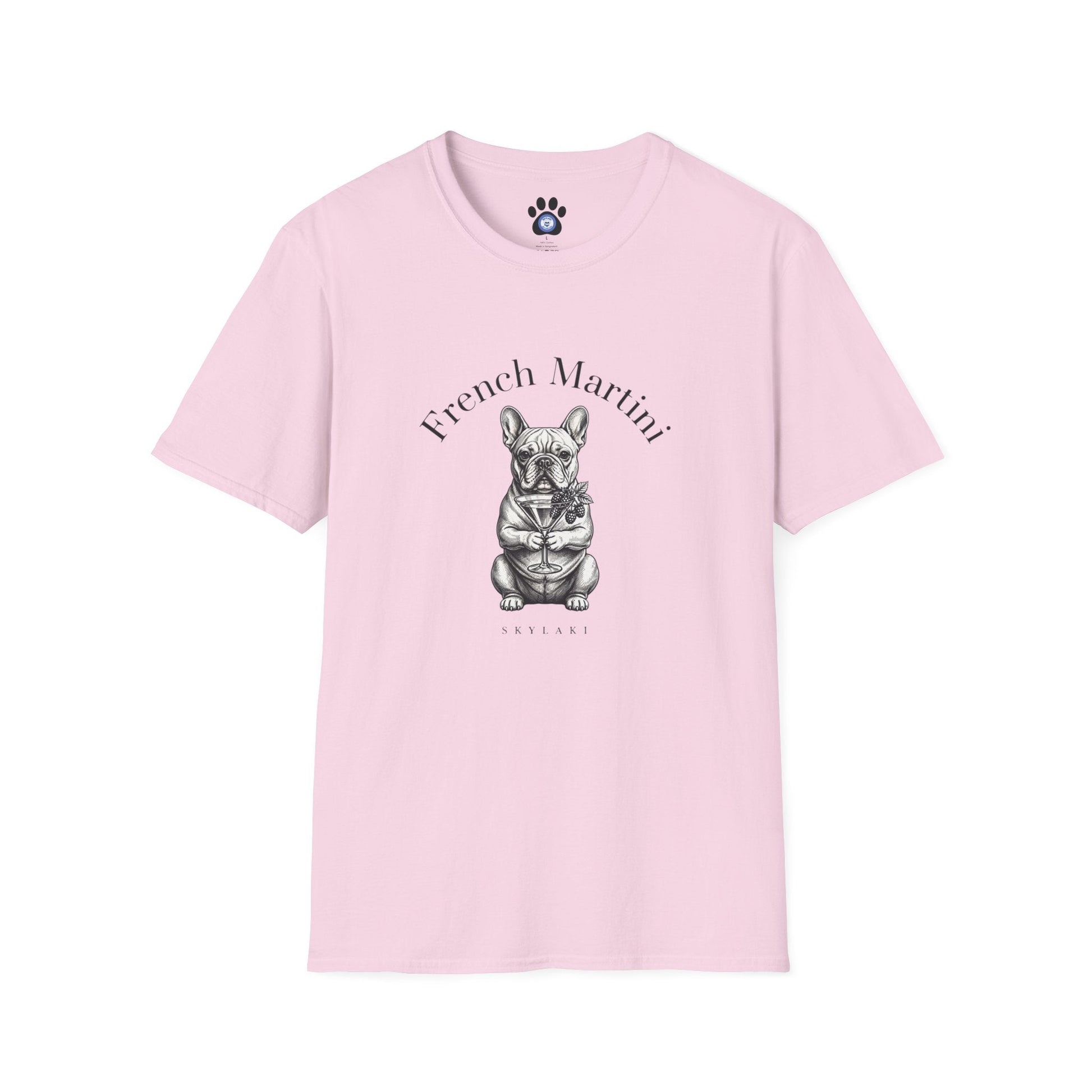 Black and white French Bulldog Martini T-Shirt by Skylaki featuring hand-drawn sketch and arched text on soft cotton fabric