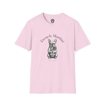 Black and white French Bulldog Martini T-Shirt by Skylaki featuring hand-drawn sketch and arched text on soft cotton fabric