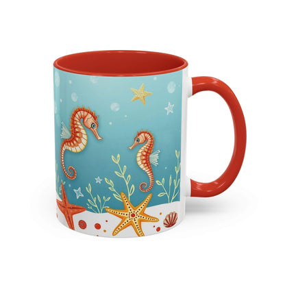 Ocean-themed accent coffee mug with seahorses and starfish design.